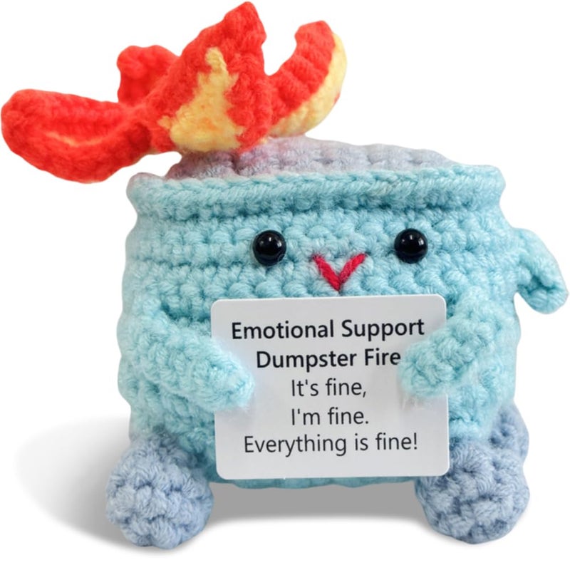 Rovyfota Emotional Support Crochet Dumpster Fire with Positive Card Cute Room Decor Knitted Toys Funny Crochet Support Buddies Gifts for Friends (Blue) - Image 1